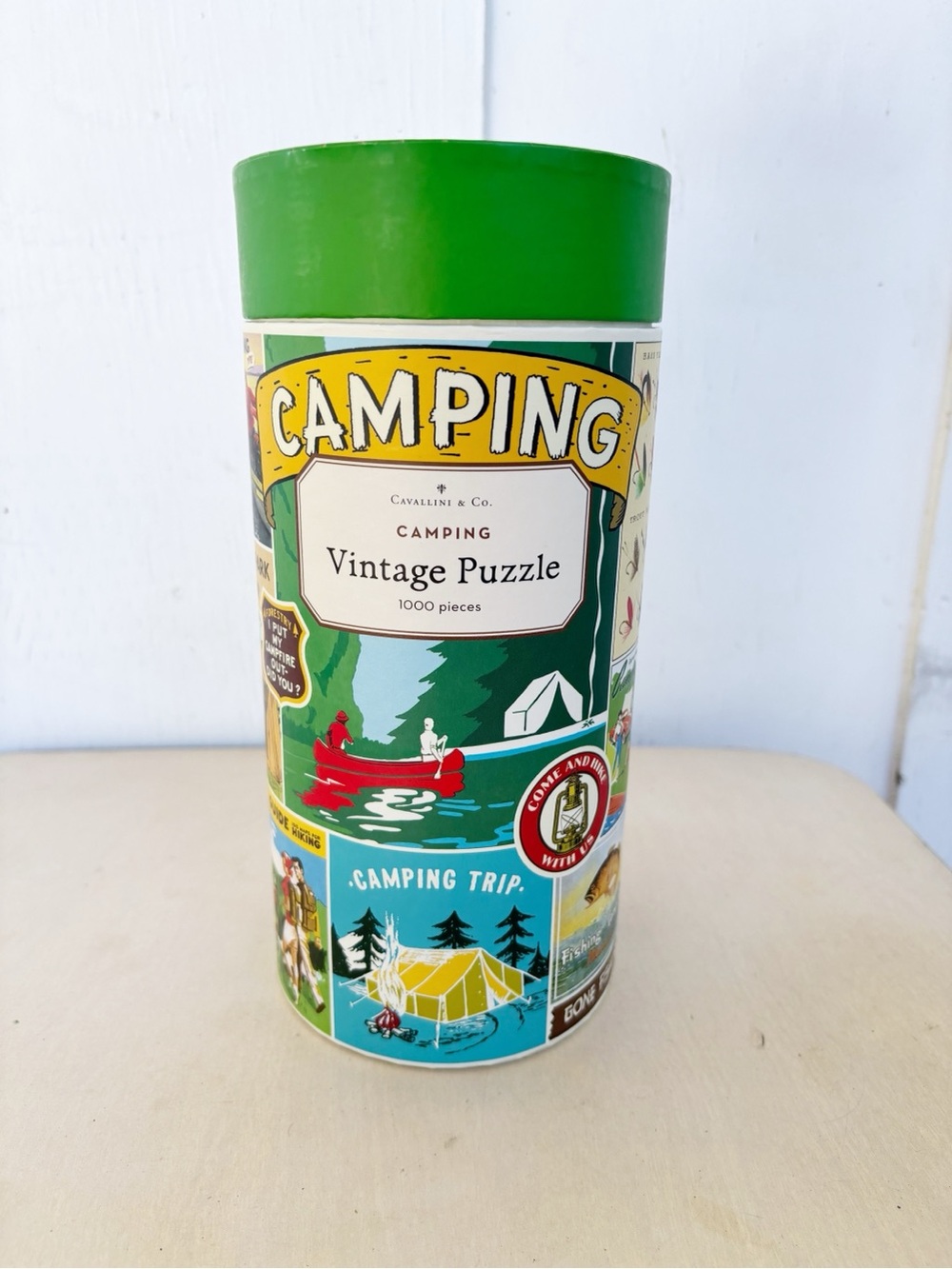 Cavallini & Co. Camping Vintage Style 1000 Pc Puzzle Cardboard Tube, Muslin Bag